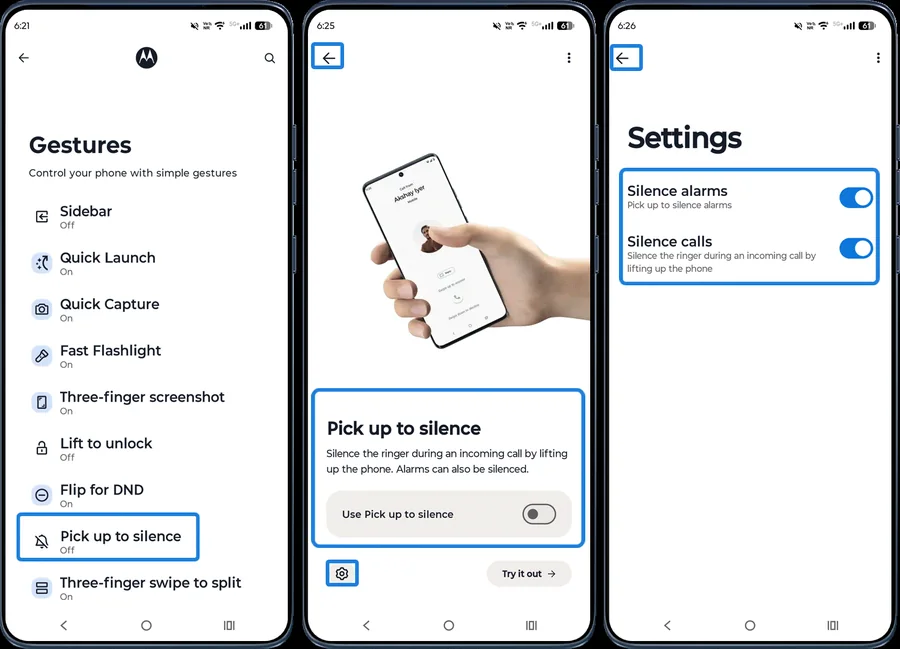 Moto app Pick up to silence switch and settings