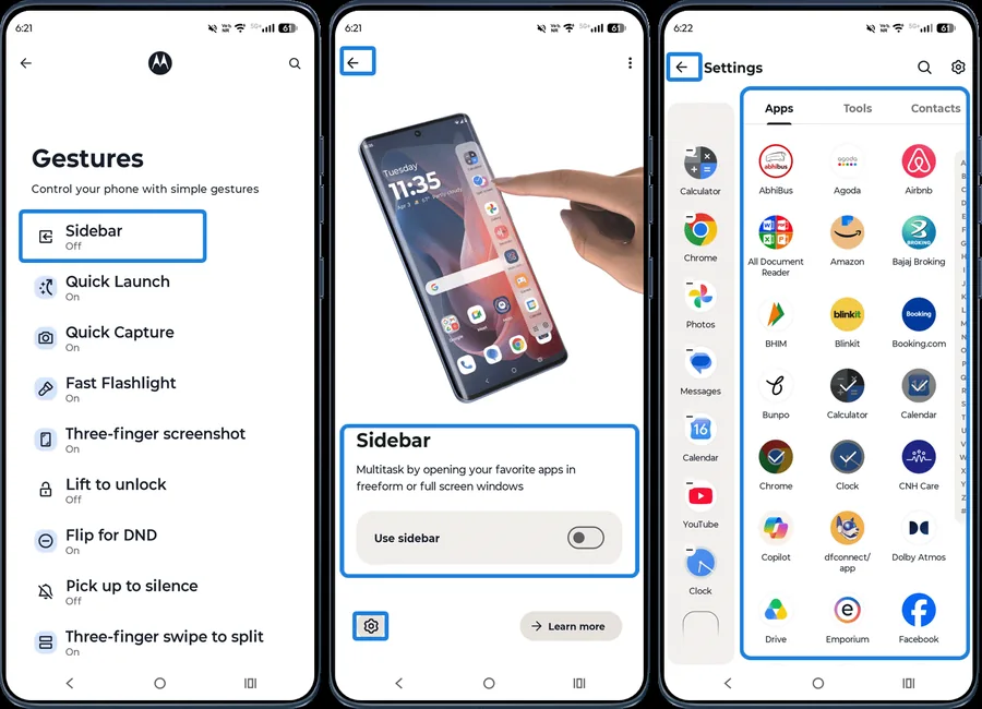 Moto app Sidebar switch and app selection