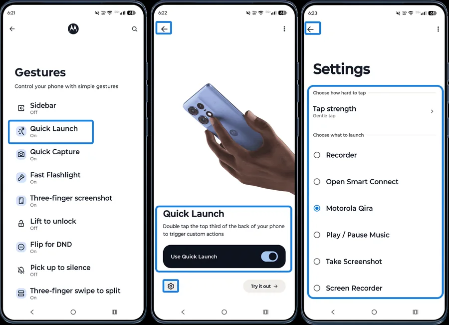 Moto app Quick Launch switch and action settings