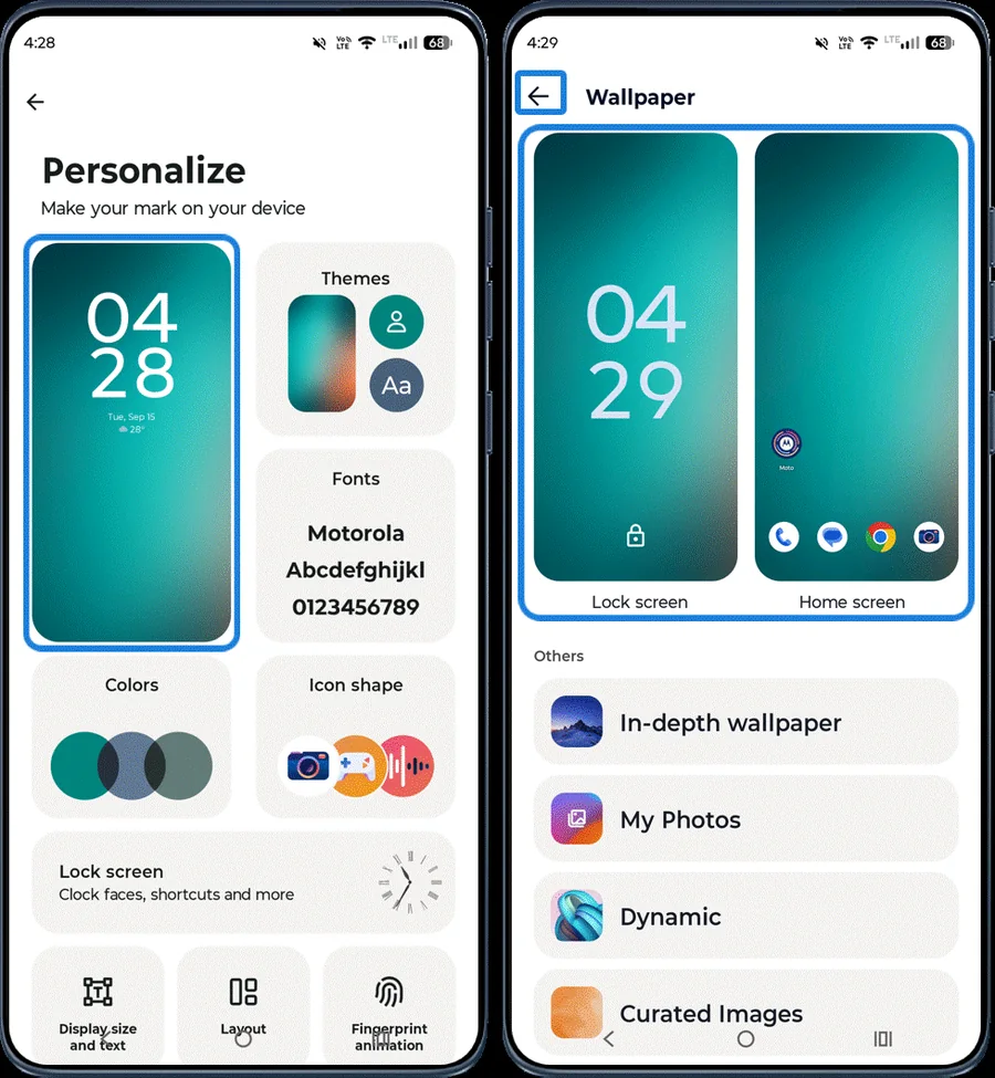 Moto app Personalize screen and wallpaper picker