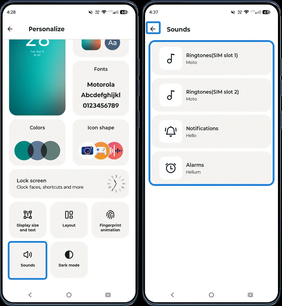 Sounds screen with ringtone and notification categories