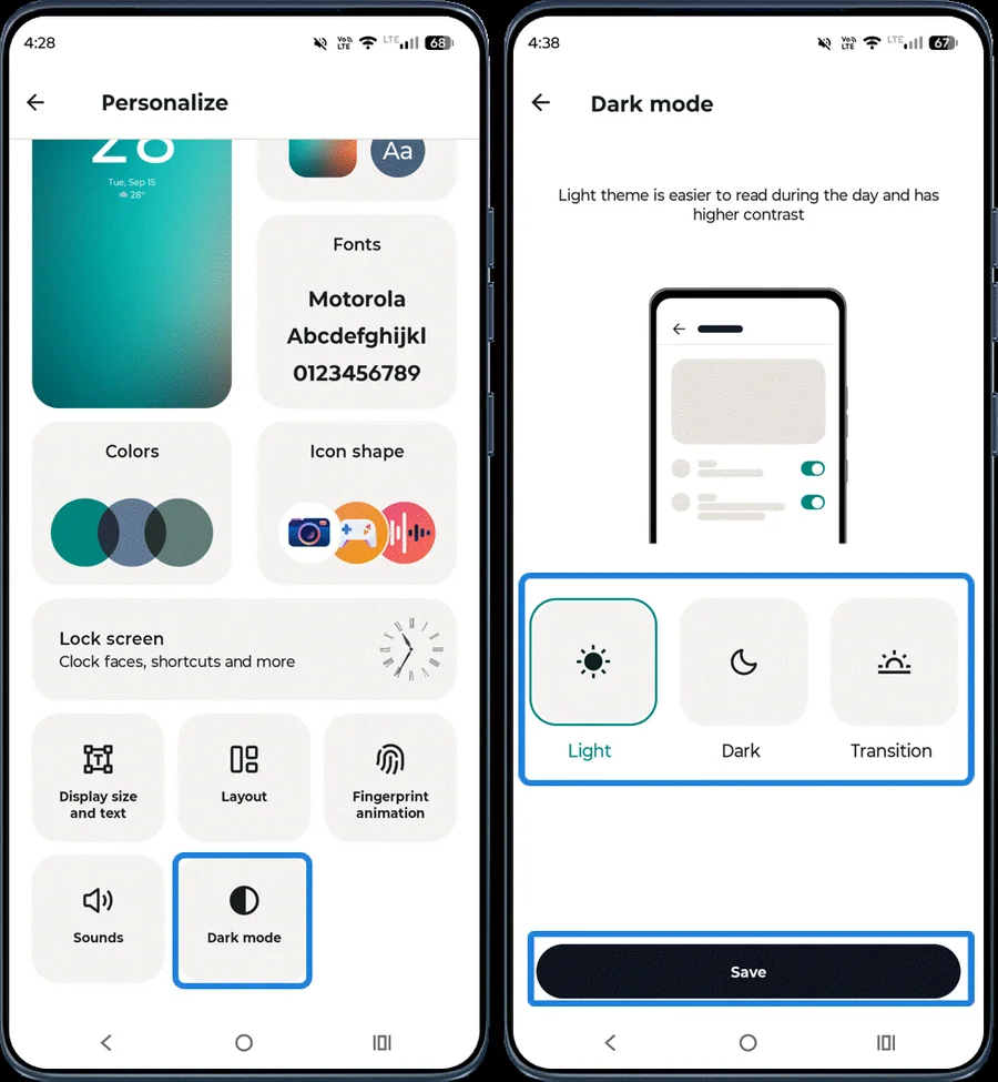 Dark mode screen with Light, Dark and Transition options