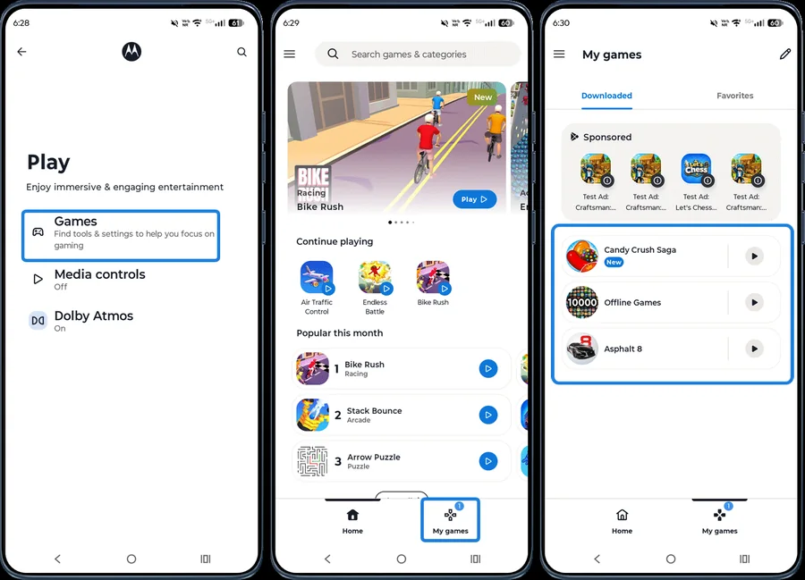Moto app Play section and Games screen