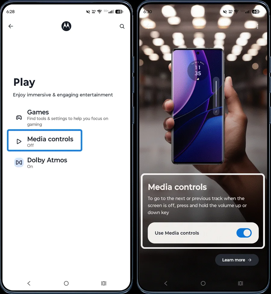 Media controls switch in the Moto app