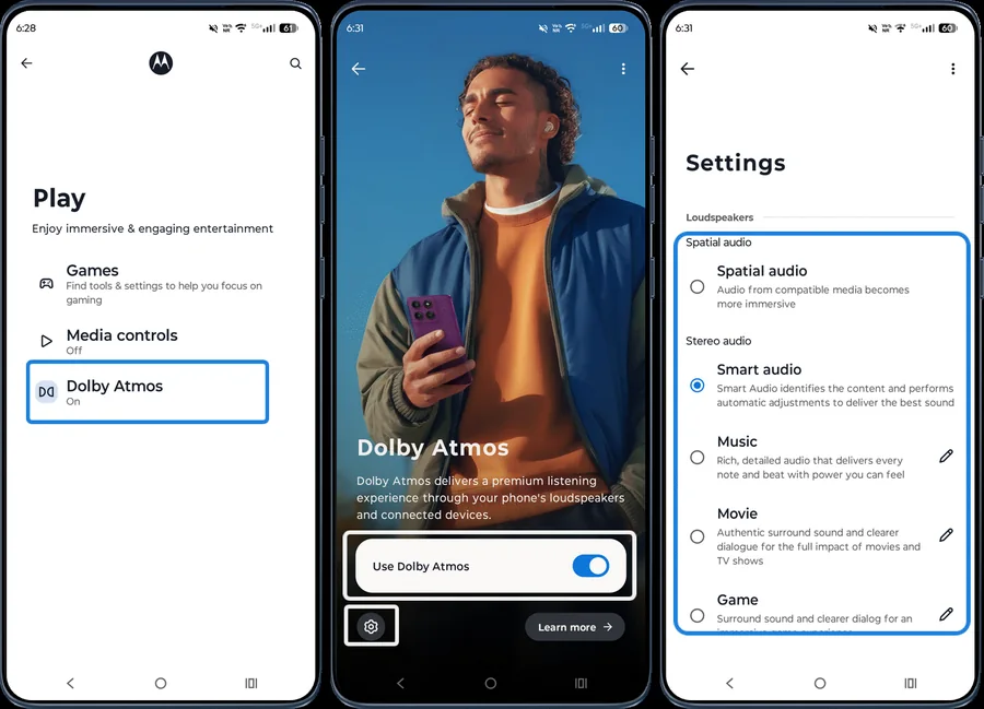 Dolby Atmos switch and audio mode settings