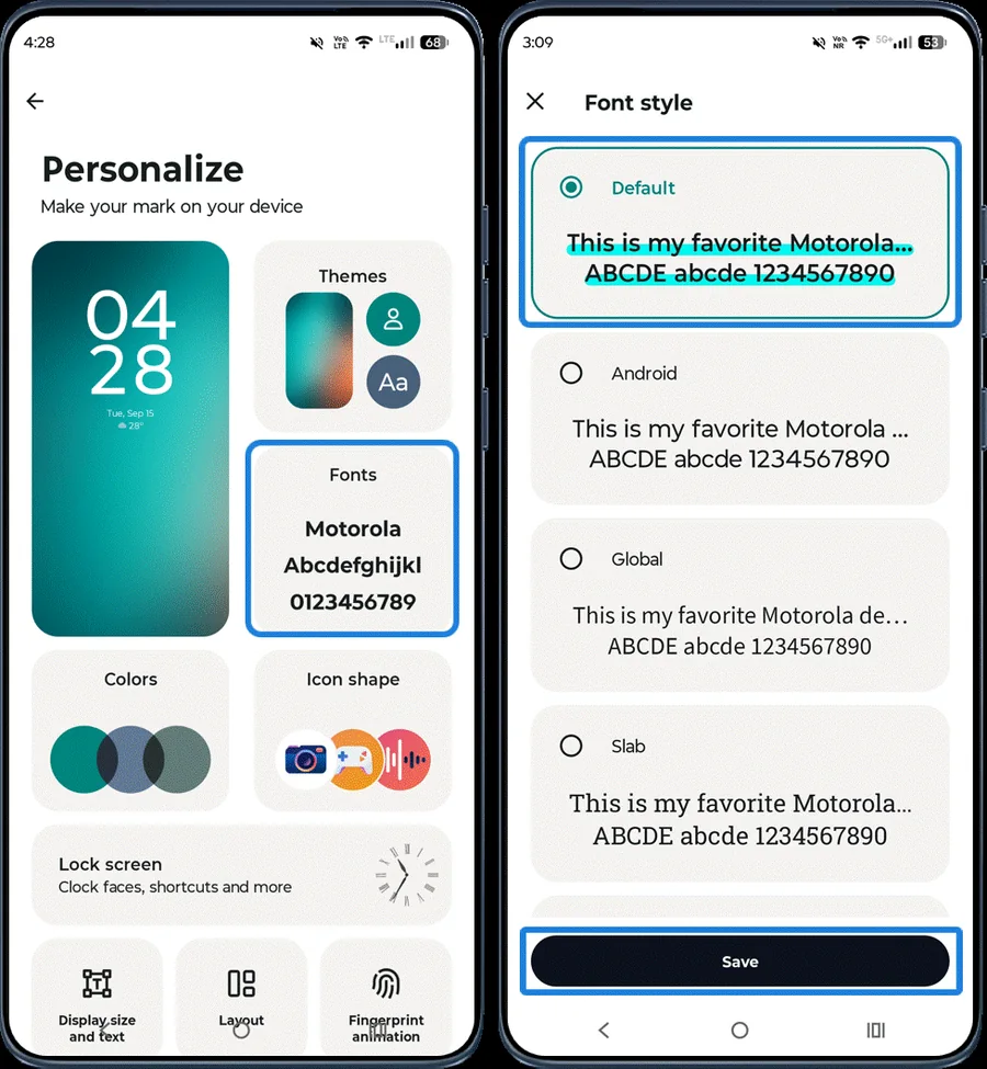 Moto app Font style screen
