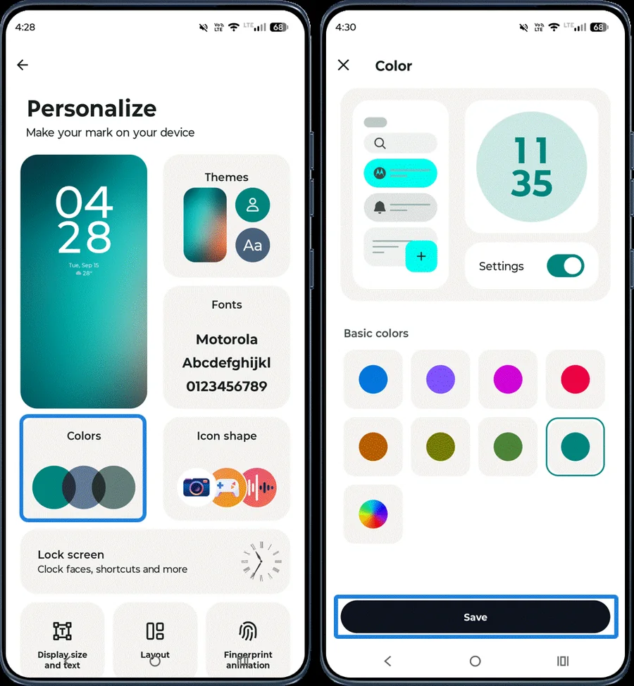 Moto app Color screen with colour swatches