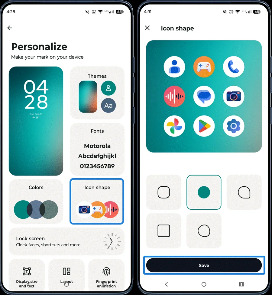 Moto app Icon shape screen