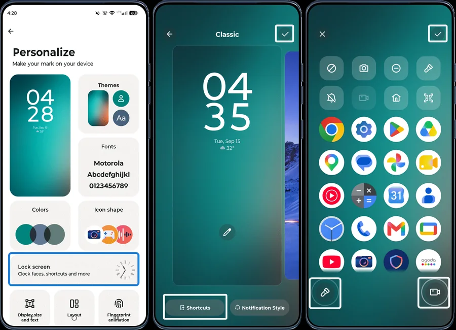 Lock screen editor with shortcut options