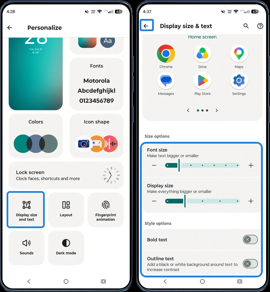 Display size and text screen with sliders