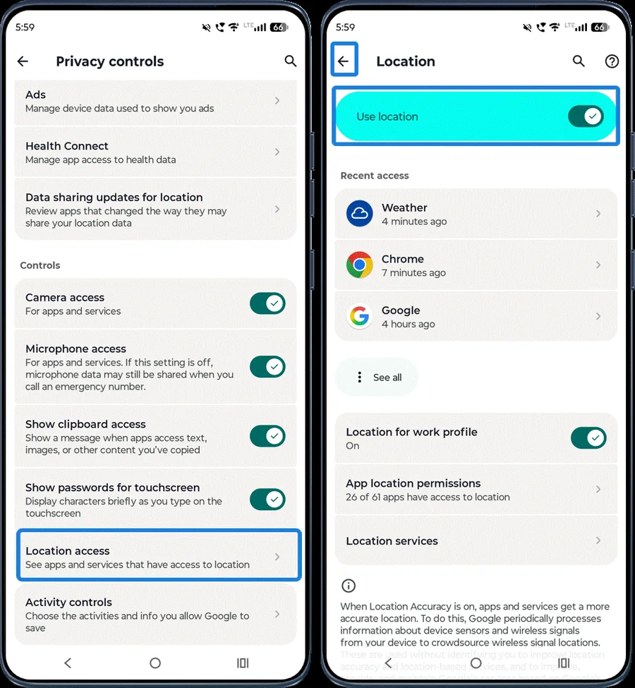 Location settings with recent access