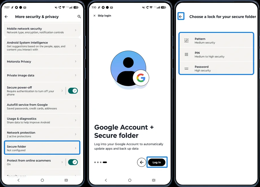 Secure folder setup screens