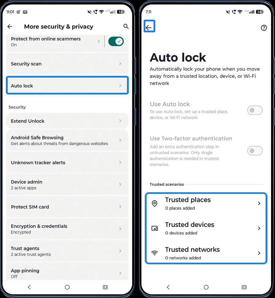 Auto lock settings with trusted places, devices and networks