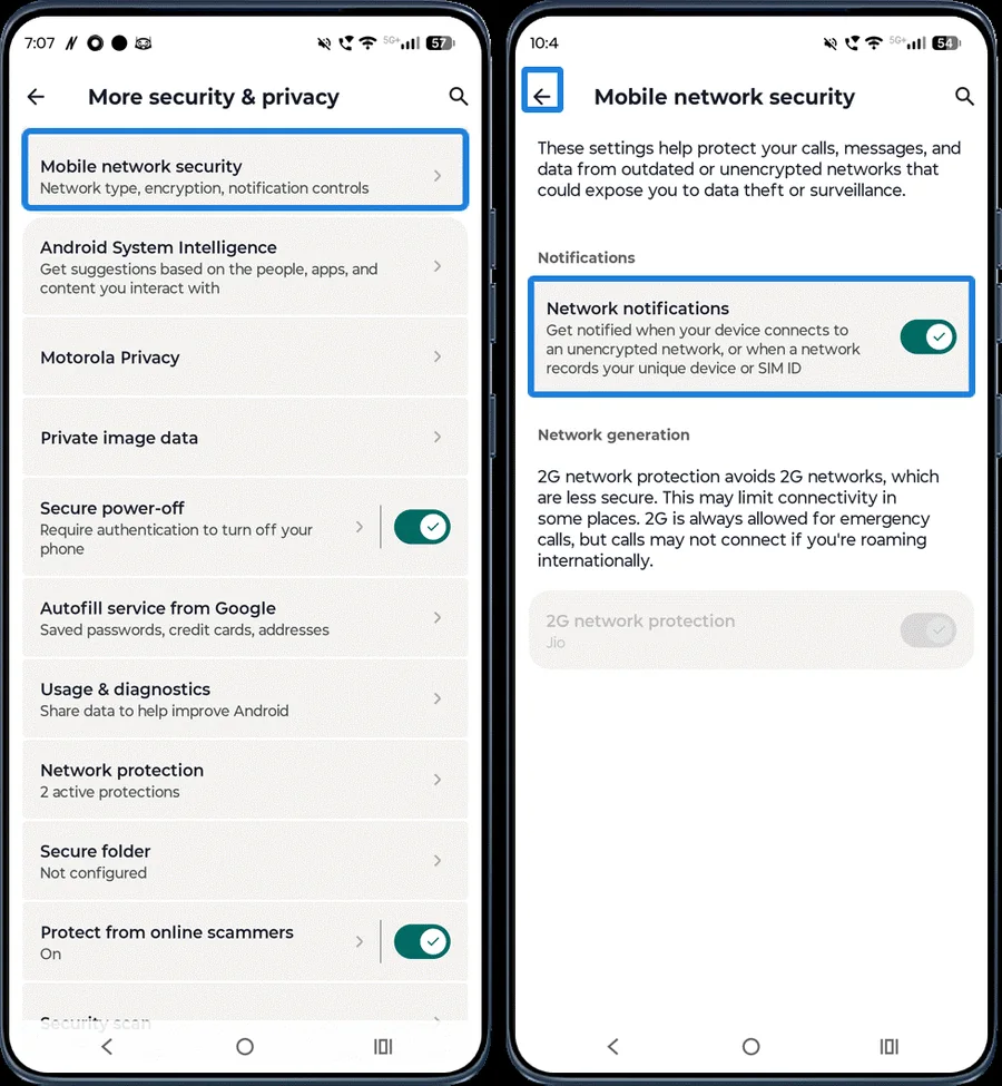 Mobile network security setting