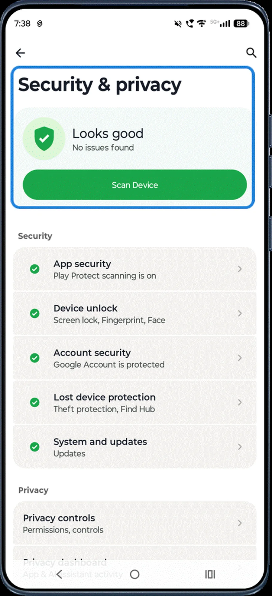 Security & privacy screen with Scan device highlighted