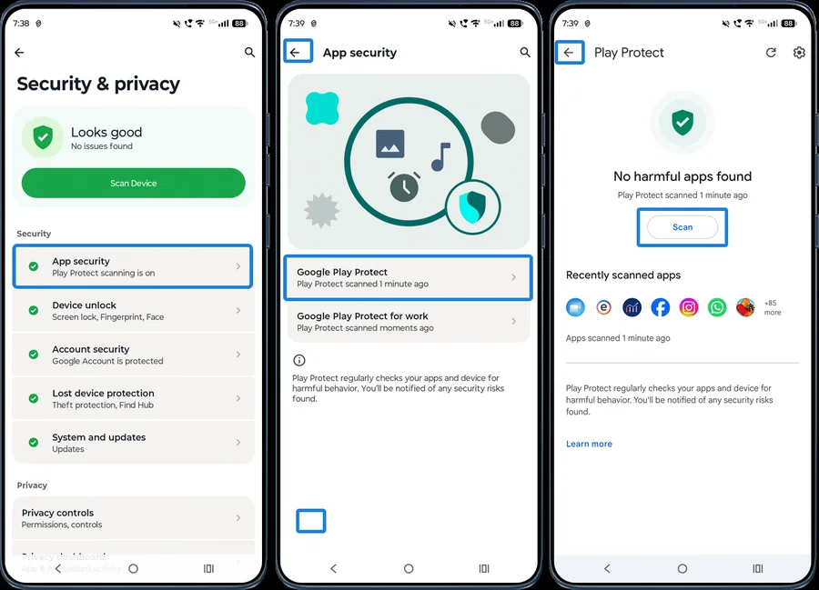 App security and Google Play Protect scan screens