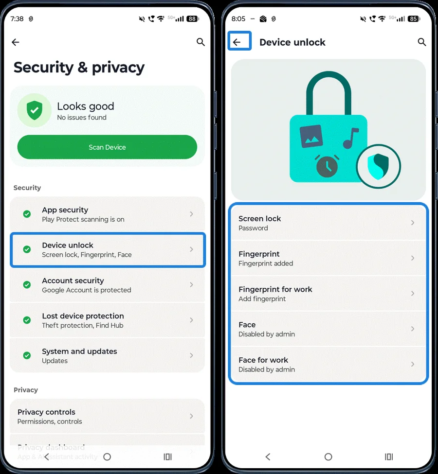 Device unlock settings