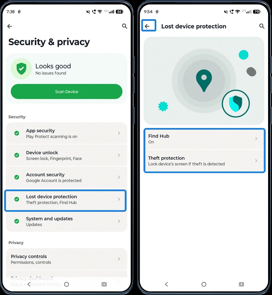 Lost device protection settings