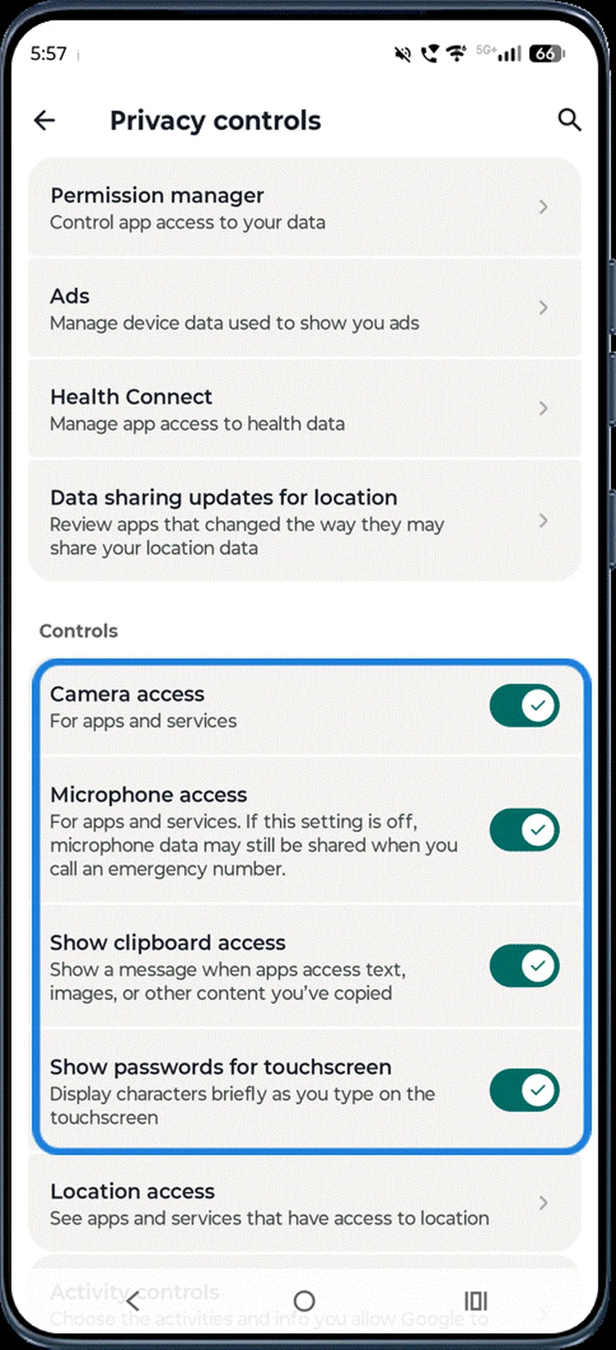 Privacy controls switches for camera, microphone and clipboard