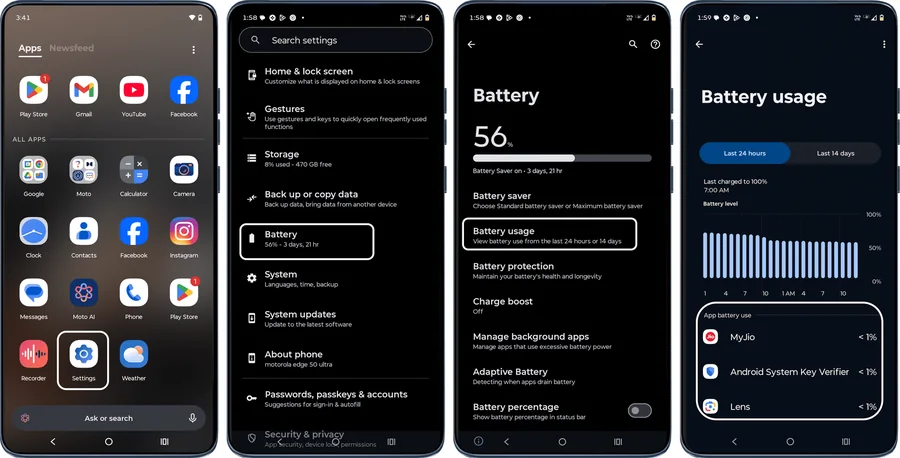Screens showing Settings, Battery and Battery usage with app list