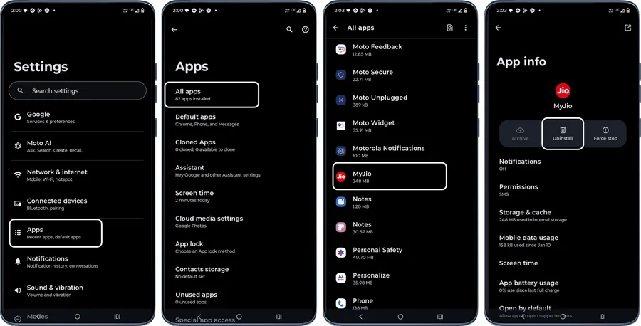 Screens showing Settings, Apps, All apps and an app’s Uninstall button