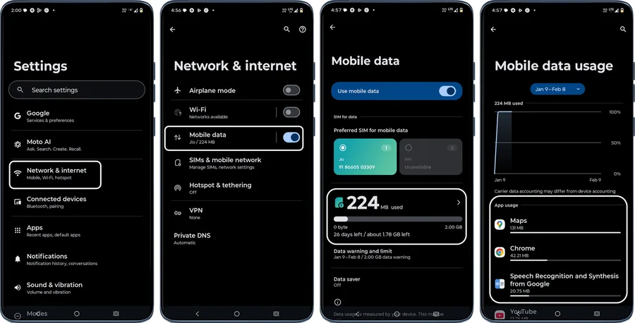 Screens showing Network & internet, Mobile data and App data usage
