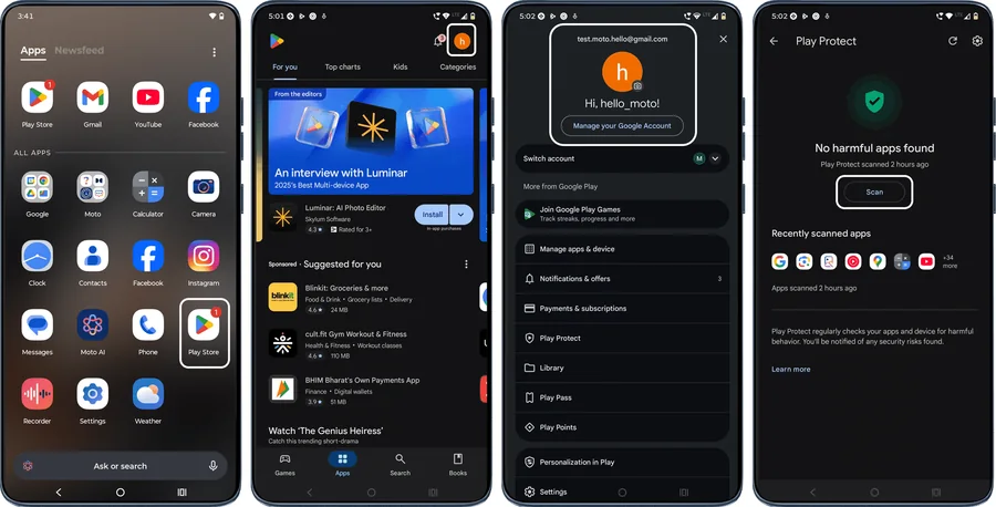 Screens showing the Play Store, profile menu and Play Protect scan with no harmful apps found