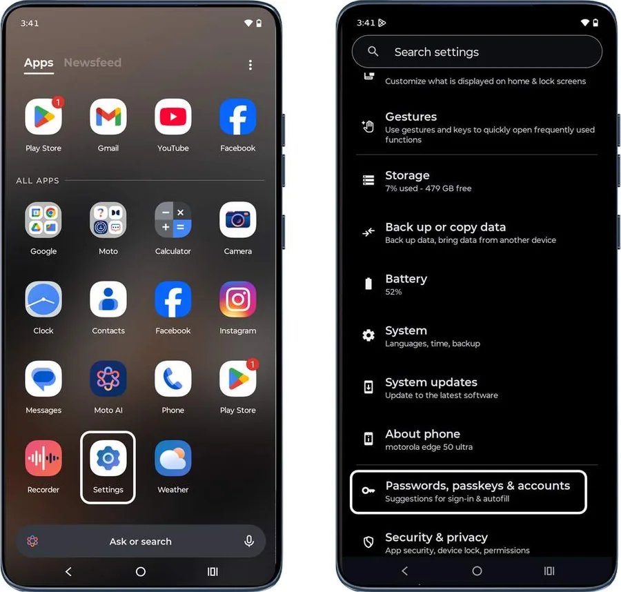 Screens showing the app list and Settings with Passwords, passkeys & accounts highlighted