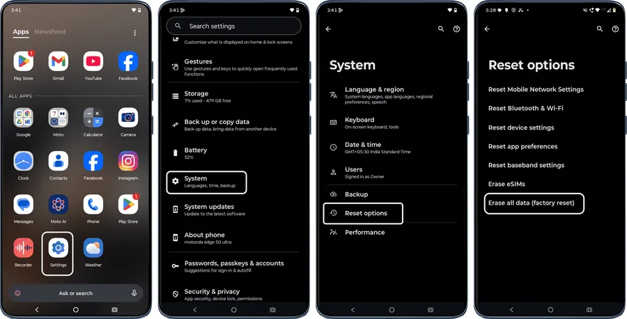 Screens showing Settings, System, Reset options and Erase all data (factory reset)