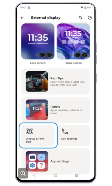 External display settings with Display & Font Size highlighted