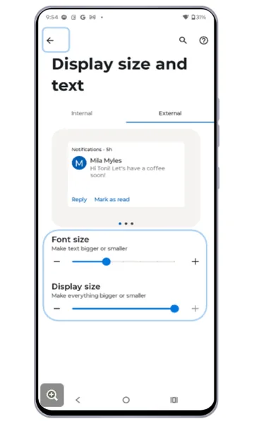 Display size and text screen with Font size and Display size sliders