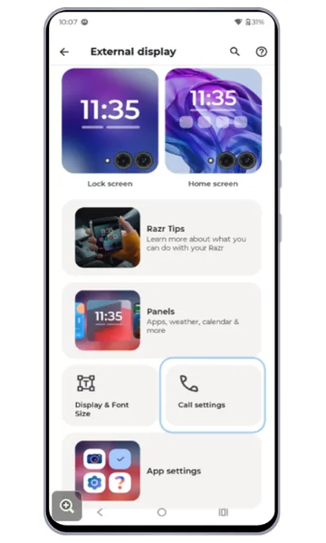 External display settings with Call settings highlighted