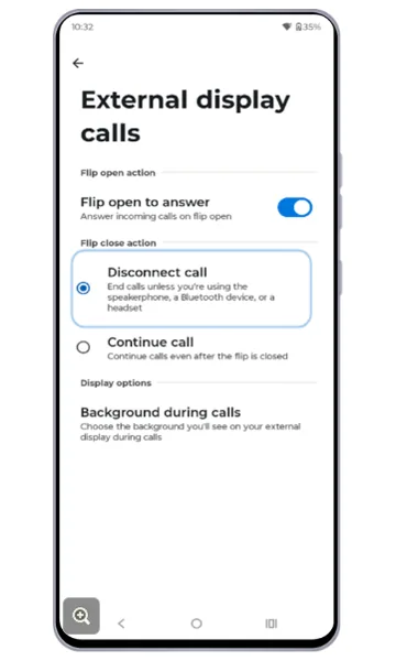 External display calls screen with flip open and flip close options