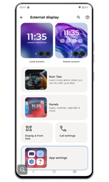 External display settings with App settings highlighted