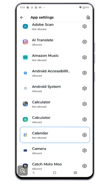 App settings list with Calendar highlighted