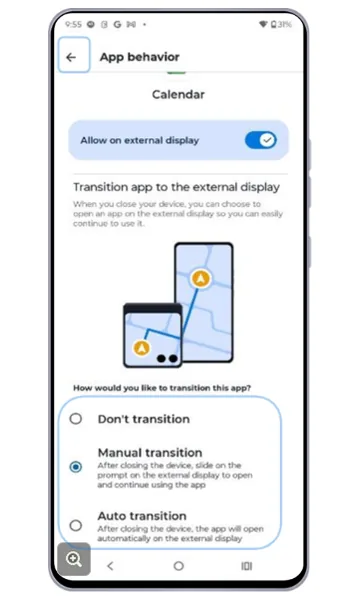 App behavior screen for Calendar with transition options