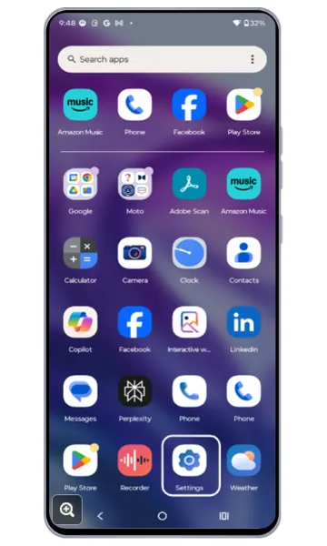 App drawer with the Settings app highlighted