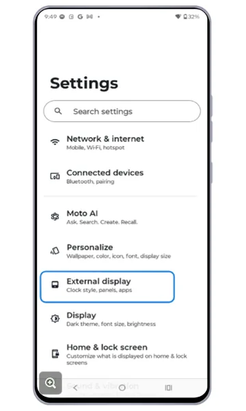 Settings list with External display highlighted
