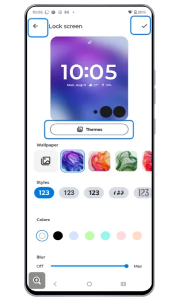 Lock screen theme editor with wallpaper, styles and colours