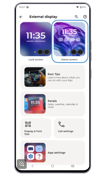 External display settings with the Home screen preview highlighted