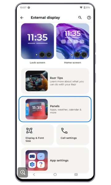 External display settings with Panels highlighted