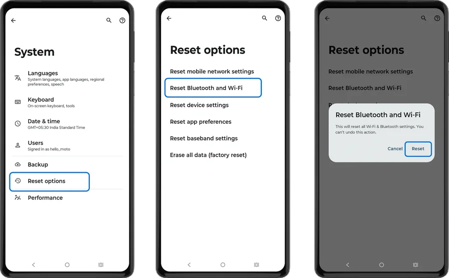 Reset options with Reset Bluetooth and Wi-Fi highlighted and the Reset confirmation