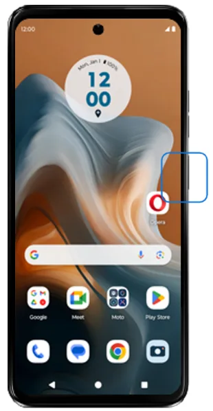Side Power and Volume up buttons highlighted on a Motorola phone
