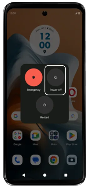 Power menu with Emergency, Power off and Restart, Power off highlighted
