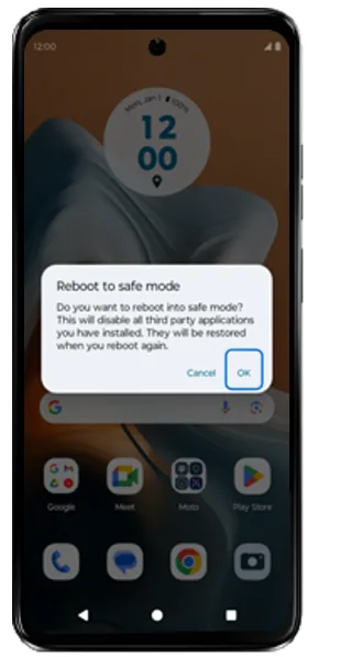 Reboot to safe mode confirmation dialog with the OK button highlighted