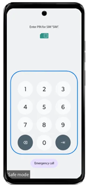 SIM PIN entry keypad with Safe mode label at the bottom left