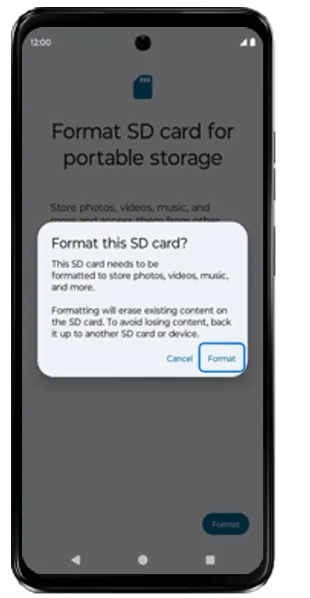 Format this SD card confirmation dialog with Format highlighted
