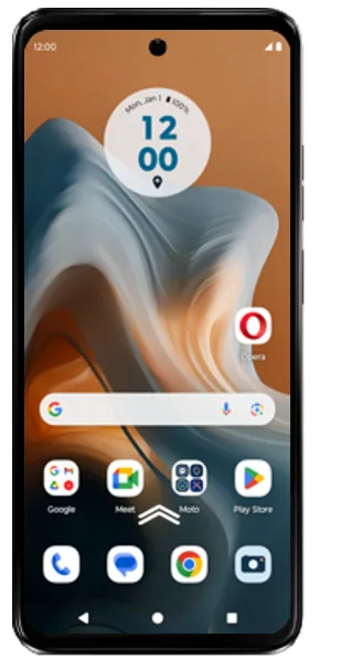 Motorola home screen with a swipe-up arrow to open the app drawer