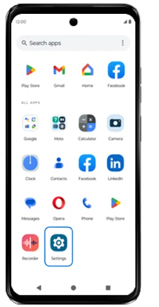 App drawer with the Settings app highlighted