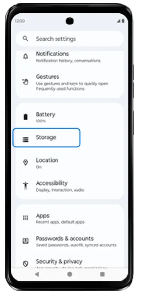 Motorola Settings list with Storage highlighted